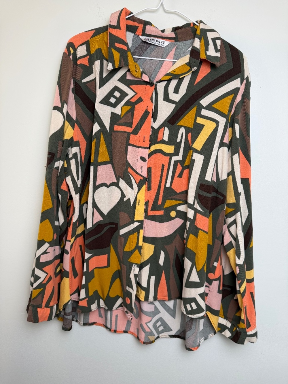 BIG DART Retro Abstract Geometric Button Up Blouse Plus Size 2X